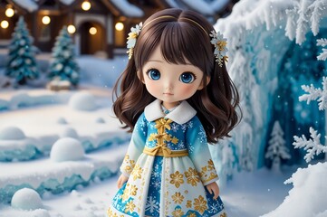 Cute little 3D doll in children's cartoon style, animated fantasy. Artistic background. Artistic illustration. Cartoon stylized illustrated art.