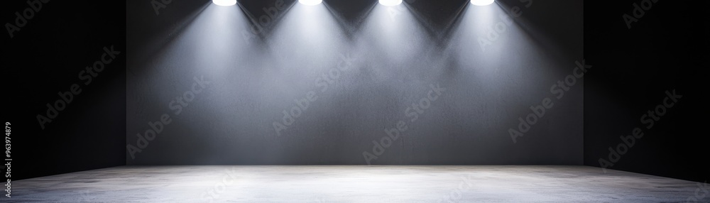 Poster a dramatic empty stage with three spotlight beams creating an atmosphere for a performance or event.
