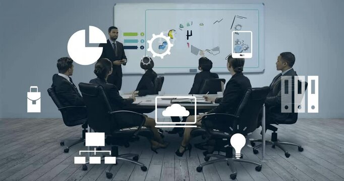 Animation of financial data processing over diverse business people in office - Powered by Adobe