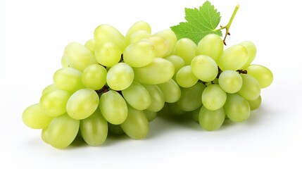 Obraz premium Fresh green grapes with leaves arranged on a white surface in natural lighting