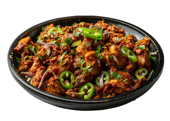 Fototapeta premium Savory meat and vegetable casserole in a skillet. Isolated on a transparent background