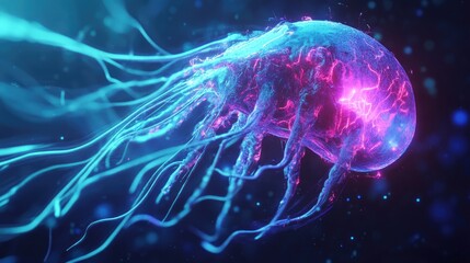 A futuristic microorganism engineered for energy generation, glowing brightly as it converts matter into bioelectricity.
