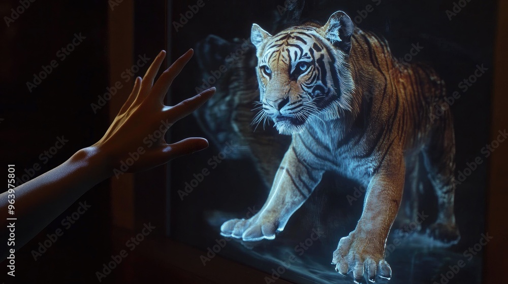 Poster a hyper-realistic art piece that allows users to interact with holographic animals, making them move