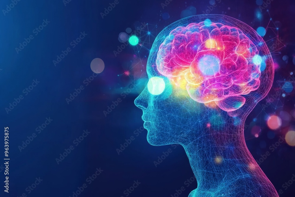 Poster neural oscillation visual cortex and neurolinguistics neural brain illuminated with glowing pathways