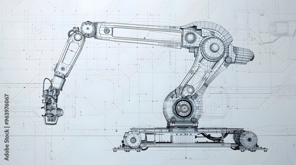 Poster detailed 3d blueprint of a robotic arm designed for intricate assembly