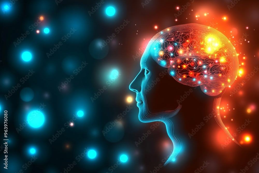 Poster axonal transport neural entrainment and thalamus womans profile with glowing neural patterns represe