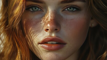 A hyper-realistic portrait of a young woman with freckles, showing every detail of her skin and hair strands.