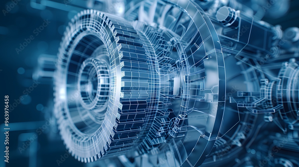 Poster intricate 3d blueprint of a mechanical design for a high-efficiency turbine