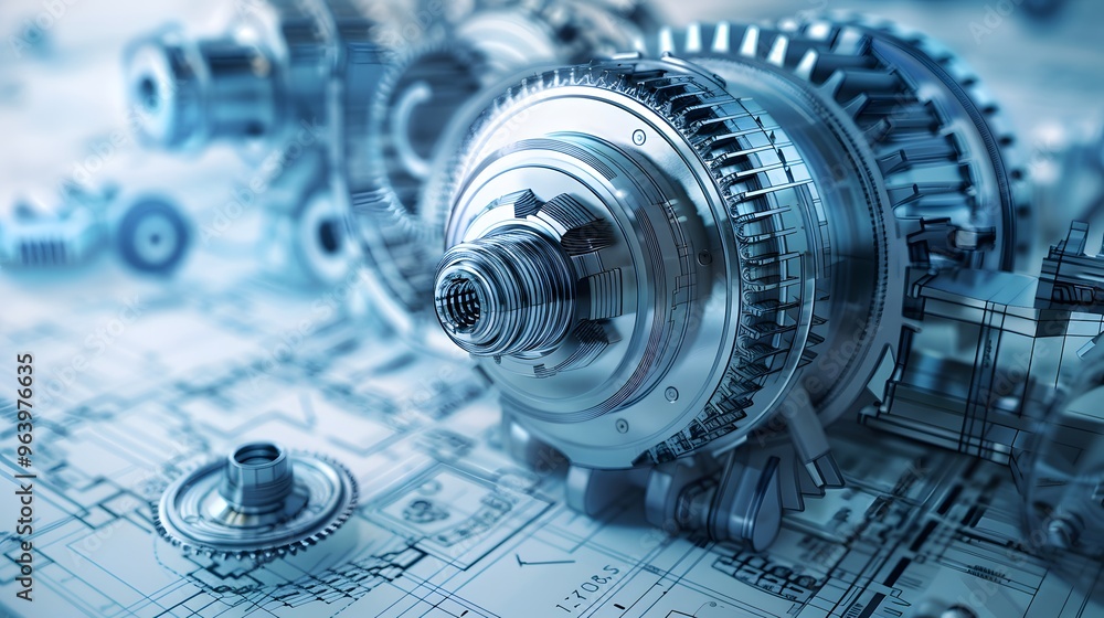 Poster intricate 3d blueprint of a mechanical design for a high-efficiency turbine