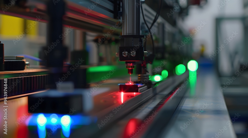 Poster laser-guided sensors scanning industrial products for defects in real-time, enhancing production acc