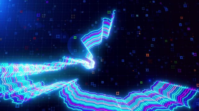 Motion view of Austria map outlined with neon lines, dynamically glowing on a futuristic grid background with colorful, abstract HUD squares creating a digital 3D effect.