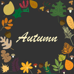 Illustration of an autumn landscape. Autumn postcards postcard with the image of leaves, twigs, mushrooms and acorns. autumn theme.