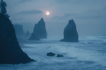 Coastal landscape of towering sea stacks and crashing waves, bathed in the soft, otherworldly light of a lunar eclipse