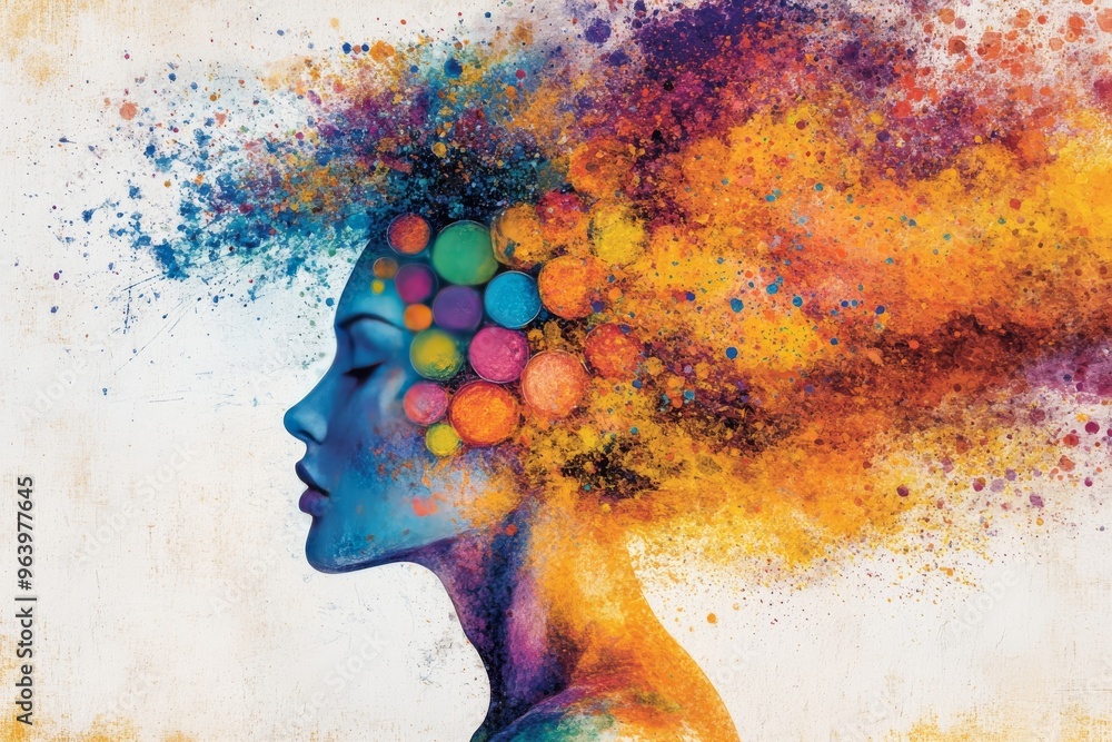 Poster microglia activation neural pruning and cognitive mapping womans head exploding into colorful partic