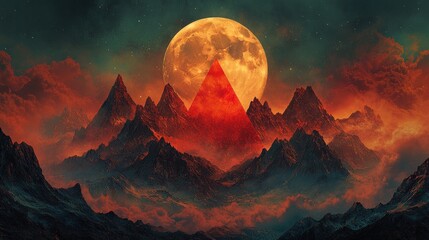 A large, orange moon hangs above a range of dark mountains with a red triangle superimposed on it, against a background of swirling clouds and a starry night sky.