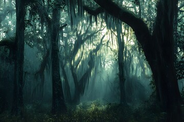Forest filled with towering, twisted trees draped in Spanish moss, creating a eerie and ethereal atmosphere