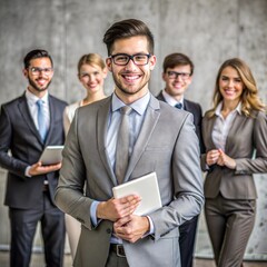 a group of five business people standing in a room with a concrete wall in the background