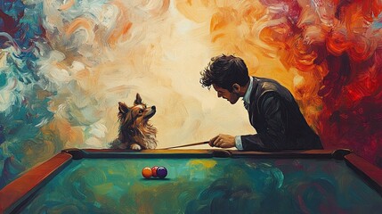 A man aims a pool cue while a dog attentively watches from across the table in a vibrant, abstract painting.

