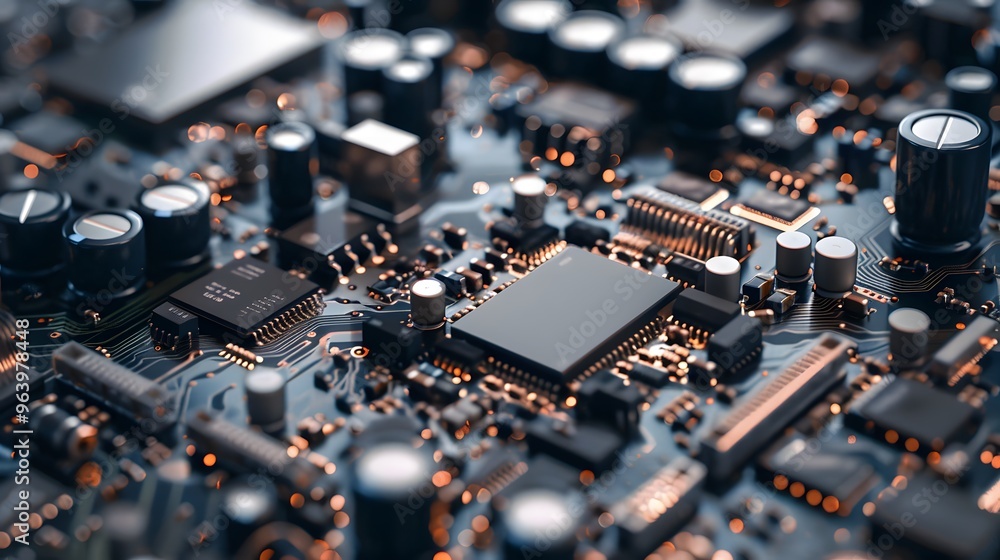 Poster a close up of a computer chip. the chip is made up of many small parts, including capacitors and res