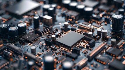A close up of a computer chip. The chip is made up of many small parts, including capacitors and resistors. Concept of complexity and intricacy