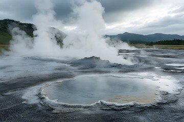 Field of geysers erupting, surrounded by steaming hot pools and mineral deposits