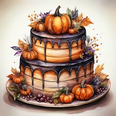 Halloween cake, watercolor clipart illustration isolated on white background.