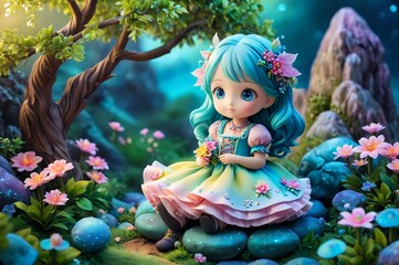 Cute little 3D doll in children's cartoon style, animated fantasy. Artistic background. Artistic illustration. Cartoon stylized illustrated art.