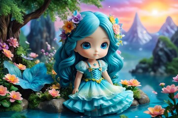 Cute little 3D doll in children's cartoon style, animated fantasy. Artistic background. Artistic illustration. Cartoon stylized illustrated art.