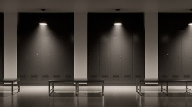 Empty Changing Room In School Dressing Room With Grey Lockers And Benchs Loop Empty Changing Room In School Dressing Room With Grey Lockers And Beches In The College Gym