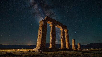 A mysterious ruin made of glowing stone pillars under a distant starry sky, set against a backdrop of a twinkling Milky Way.