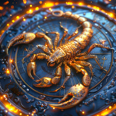 A golden mystical abstract scorpion is depicted on a blue background with a gold border. The concept of the horoscope sign is Scorpio. Astrological forecast