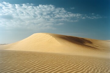 A vast, undulating landscape of sand dunes, their surfaces rippled by the wind under a stark, blue sky