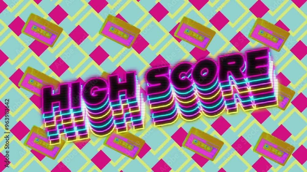Poster animation of high score text over vibrant patterned background