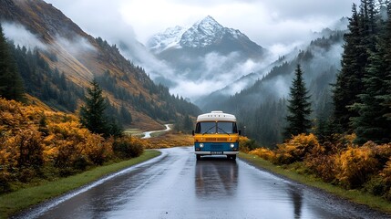 Obraz premium Coffee Van Offering Mountain Road Travelers a Quick Refreshing Pause