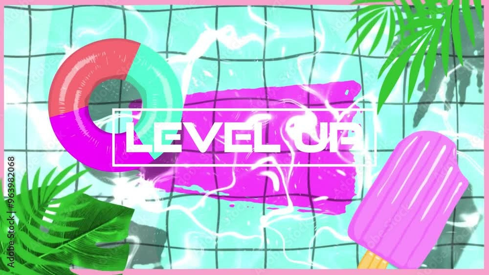 Aufkleber animation of level up text over summer swimming pool background