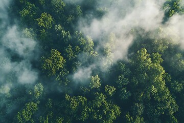 Lush Green Forest Shrouded in Mist: Aerial View of Nature's Beauty