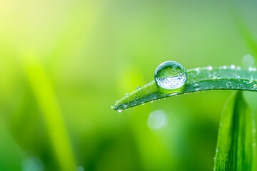 Close-up of a single dewdrop on a leaf, reflecting the vast expanse of a misty morning meadow