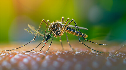 Close-up of a mosquito feeding on human skin, mosquito, close-up, feeding, blood, skin, insect, bite, parasite, macro ai generative..