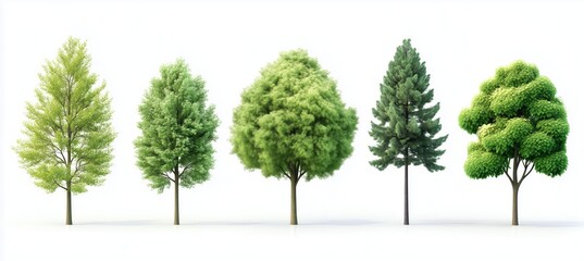 Obraz premium A collection of various tree species arranged in a row, isolated on a white background