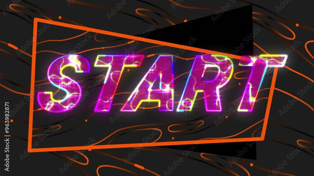 Poster animation of start text over neon pattern background
