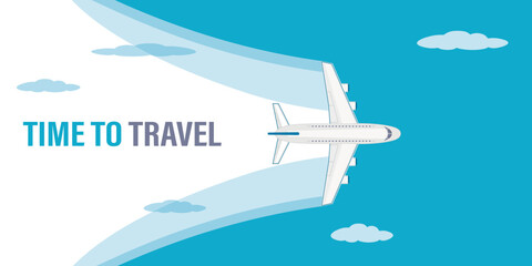 Airplane flight, top view. Plane journey, time to travel, tours, airport advertising, trip abroad on vacation, and plane routes, horizontal banner. Place for text, template.