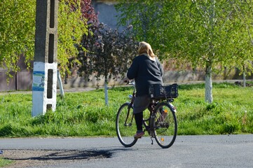Fototapeta premium an elderly woman rides a bicycle