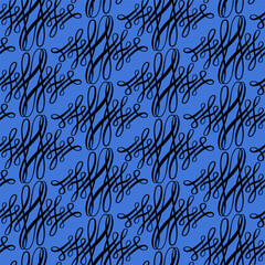 Blue seamless pattern. Swirl ornament, monogram and curl. Vector illustration. Wrapping paper, textiles. Nice background