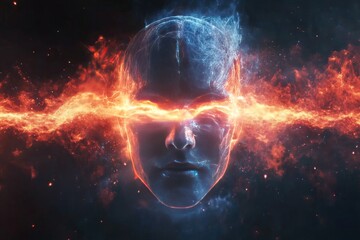 Action potential sensory motor integration and inhibitory neurotransmitters human face enveloped in bright glowing flames symbolizing passion energy and intense thought