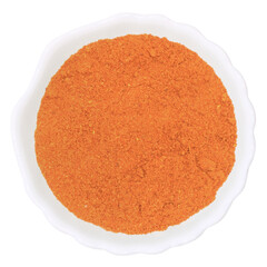 Crushed red chili pepper. Spice in a round white bowl. Isolate on a transparent background. Cooking ingredient png