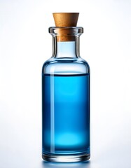 A blue glass elixir bottle with a cork stopper, displayed on a white background