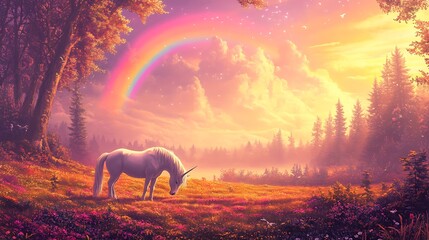 Fototapeta premium Ethereal Morning: Unicorn Grazing in Enchanted Meadow beneath Rainbow with Magical Forest Background