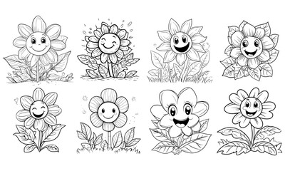 Retro collection of groovy elements. Funny cartoon characters with faces funky flower power 