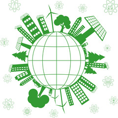 Green silhouette of city buildings, trees, wind turbines and solar battery around circle. Round city or small planet. Urban life in abstract cartoon style.