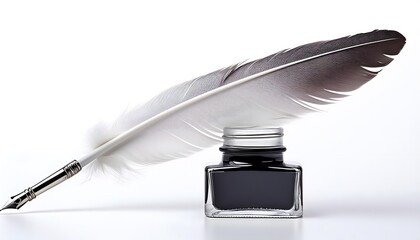 A classic white quill pen next to an ink bottle on a white background